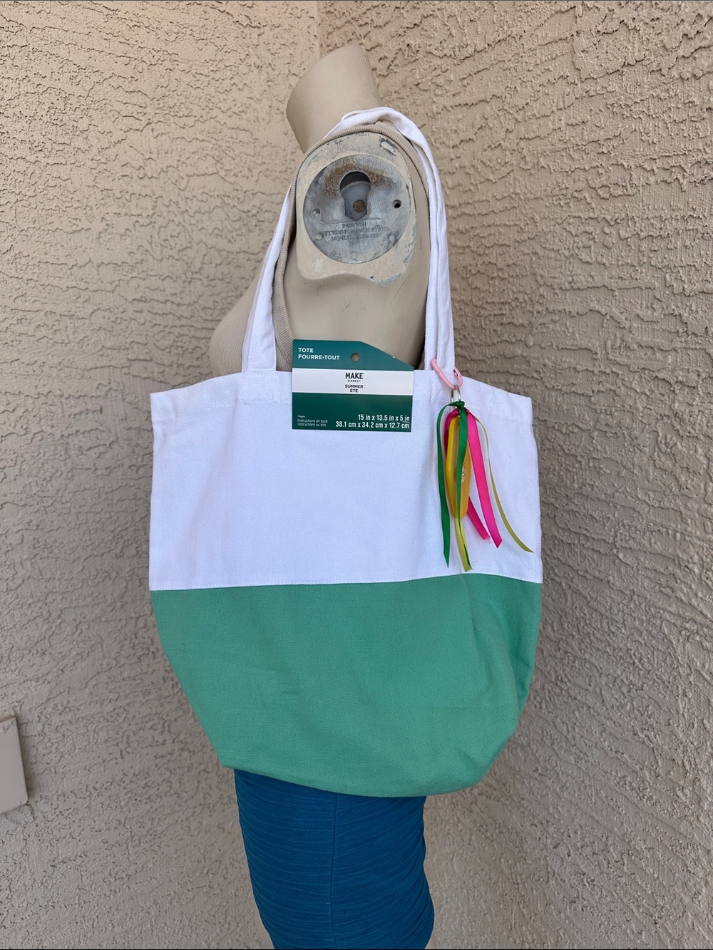 Canvas Two-Tone White and Mint Green Tote Bag with Colorful Ribbon Bag Charm